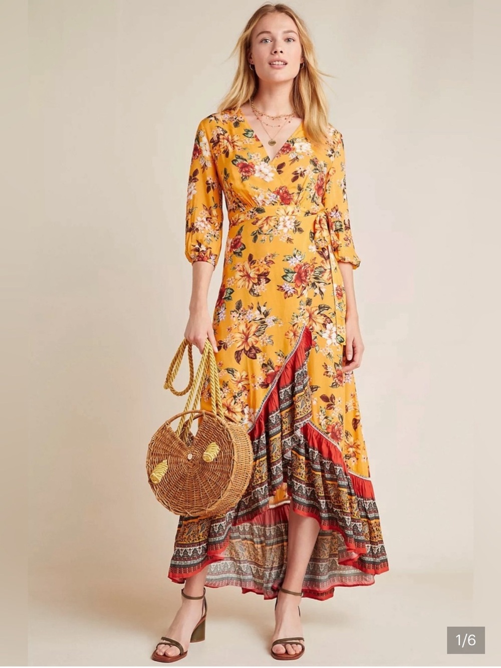 Anthropologie Yellow Floral Wrap High-Low Maxi Dress